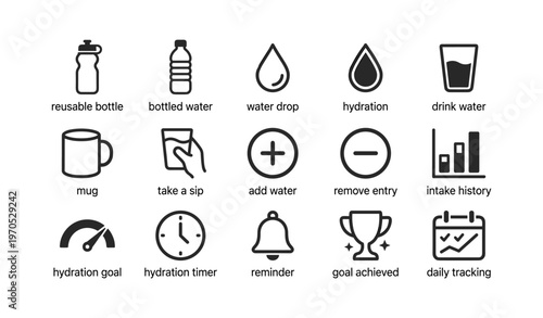 Essential hydration icons: bottles, drops, timers, goals, and tracking symbols