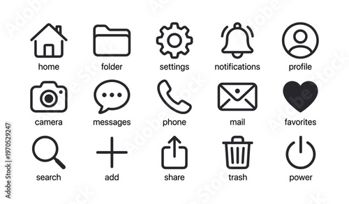 Essential user interface icons: home, folder, settings, notifications, profile