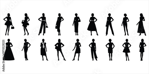 Bilde på lerret Fashionable Women Silhouettes in Dresses and Pantsuits woman female
