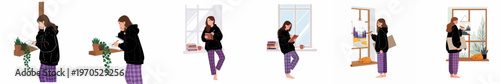 Set of illustrations featuring a young woman in a hoodie and pajamas drawing, writing, and painting in cozy home settings.