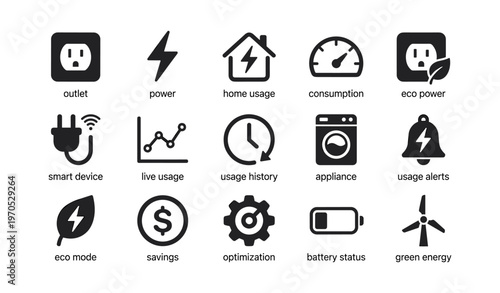 Home energy usage icons: smart devices, savings, eco power, optimization
