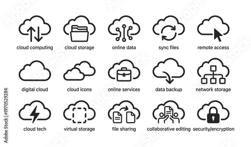 Cloud computing and storage icons for digital services and data backup solutions