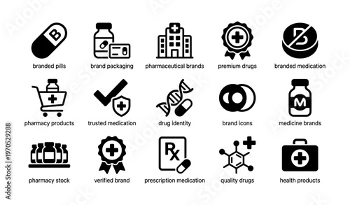 Pharmaceutical brand icons: packaging, medication, drugs, pharmacy symbols