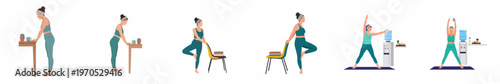Set of vector illustrations showing a woman doing yoga and stretching exercises using office furniture like a desk and chair.