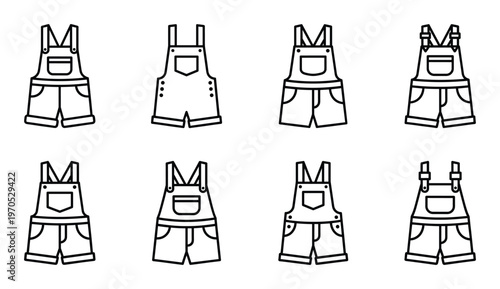 Dungarees and overalls line icons collection showing various bib and brace designs for kids and adults