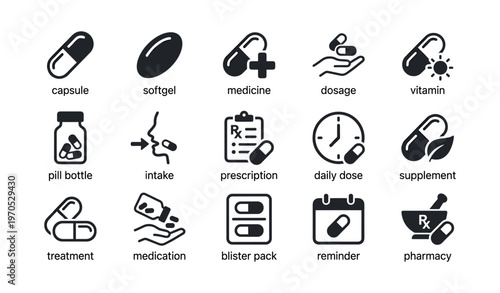 Medicine icons set: capsule, softgel, dosage, prescription, supplement