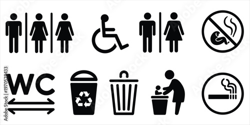 Icons for public facilities with smoking allowed, recycling, and child care signs symbol facility