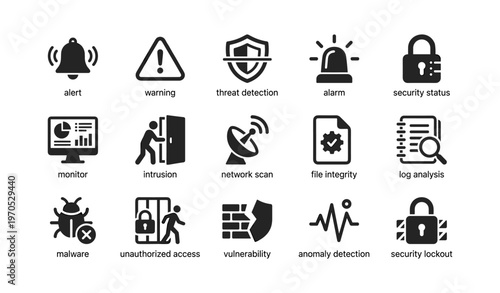 Security icons set featuring alert, warning, threat detection, and anomaly detection symbols