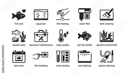 Comprehensive guide to aquarium maintenance and fish care icons