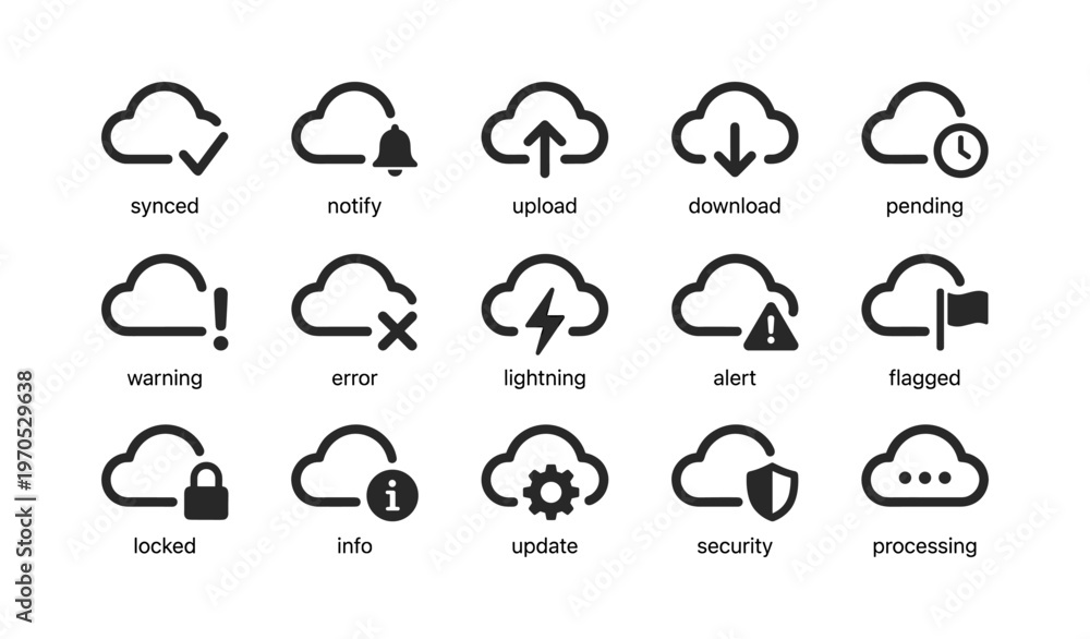 Obraz premium Cloud icon set: sync, upload, download, security, alert