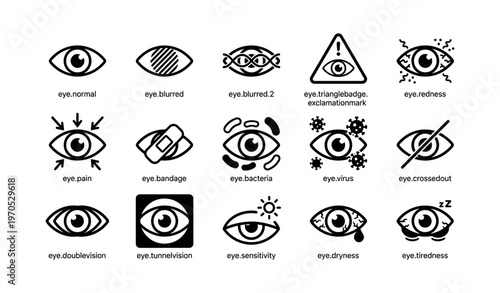 Eye icons set: normal, blurred, bacteria, virus, pain, sensitivity, dryness, tiredness