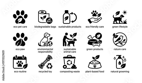 Eco pet care icons: sustainable products and green lifestyle for responsible animal care