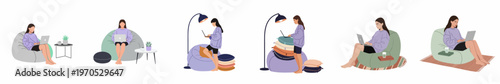 Collection of flat vector illustrations of a woman working on a laptop in various comfortable positions on bean bags and floor cushions.
