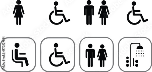 Pictograms for people, accessibility, and facilities on white background Keywords: icon, set, collection, pictogram, symbol