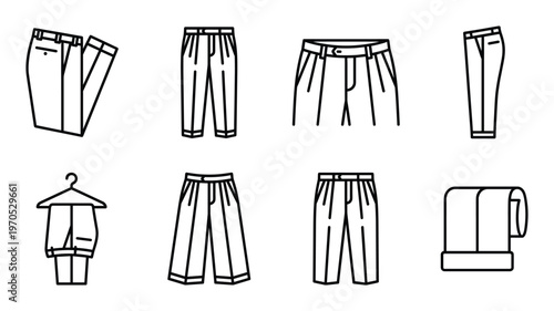 Eight black line art icons showcasing different styles of trousers and pants on transparent background