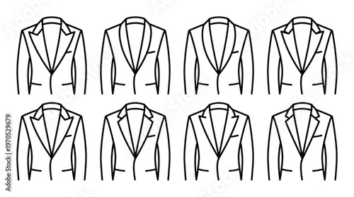 Eight different suit jackets or blazers, isolated on transparent background, line art