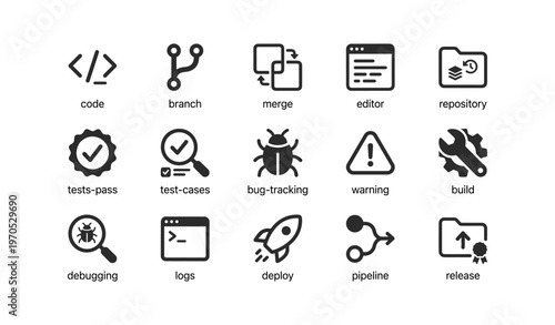 Software development icons: code, merge, debug, deploy, release