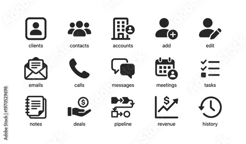 Business and communication icons for contacts, meetings, revenue, and more