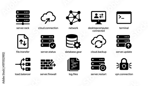 Server and cloud icons: network, backup, firewall, database, vpn