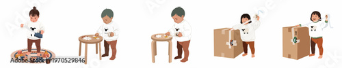 Sequence of five flat vector illustrations showing a toddler creatively playing with adhesive tape, wooden toys, paper stars, and cardboard boxes.