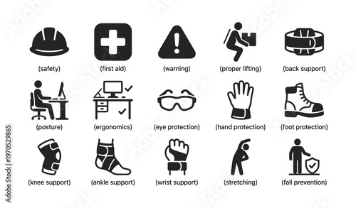Workplace safety icons depicting ergonomics and personal protective equipment guidelines