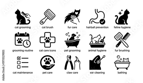 Cat grooming icons set: brushes, fur care, hygiene, routine, pet care symbols