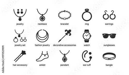 Icon set of fashion accessories: jewelry, watch, sunglasses, and more
