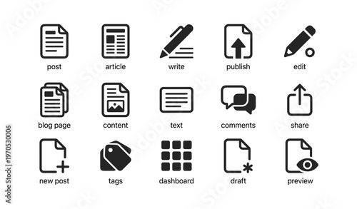 Minimalist icon set for blogging and content creation tools