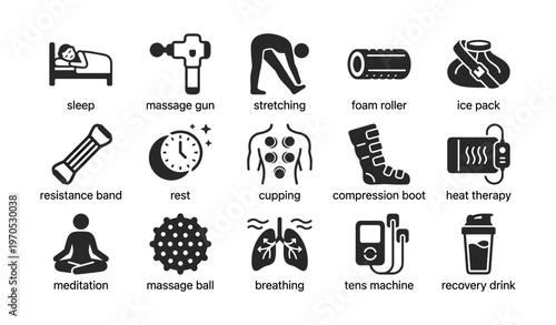 Icons of recovery: sleep, massage, stretching, foam roller, ice pack