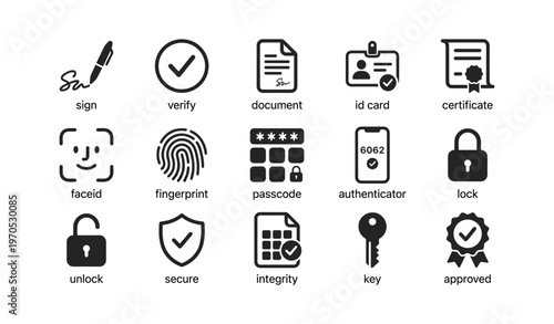Security and verification icons set featuring lock, fingerprint, and certificate symbols