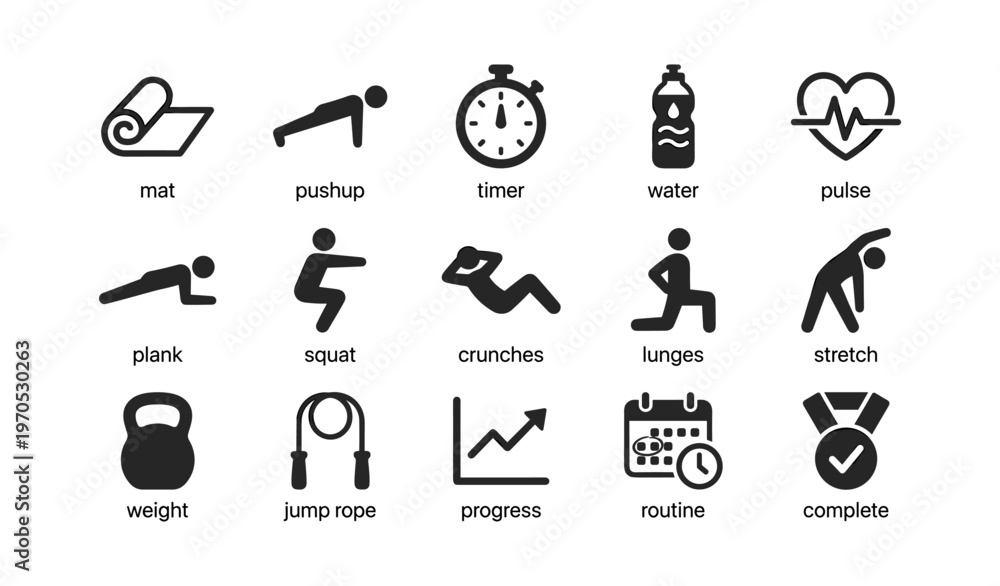 Fototapeta premium Fitness icons set: mat, pushup, timer, water, pulse, plank, squat, crunches, lunges