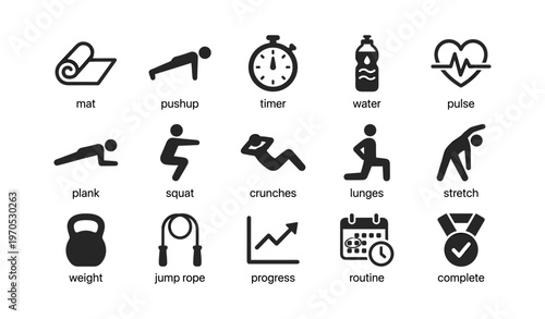 Fitness icons set: mat, pushup, timer, water, pulse, plank, squat, crunches, lunges