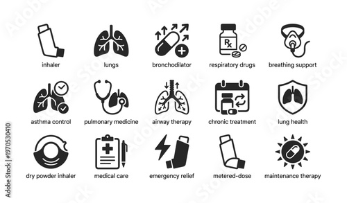 Medical icons for asthma and respiratory health: inhaler, lungs, bronchodilator, pulmonary medicine