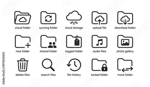 File management icons: cloud, sync, upload, download, search, delete