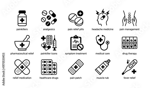 Medical relief and pain management icons for healthcare solutions