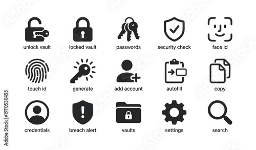Icon set for security and privacy: unlock vault, passwords, face id, settings