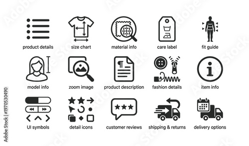 E-commerce icons: product details, size chart, material info, care label, shipping