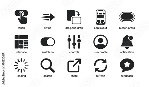 Touch and interface icons for app layout and user interaction
