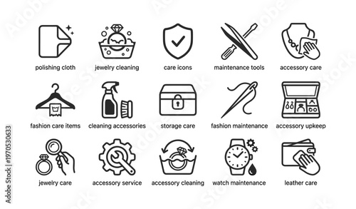 Jewelry and accessory care icons: cleaning tools and maintenance symbols