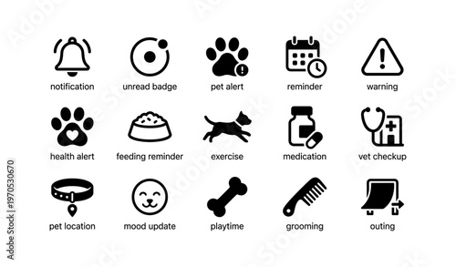 Pet care icons: alerts, health, exercise, medication, grooming, outings