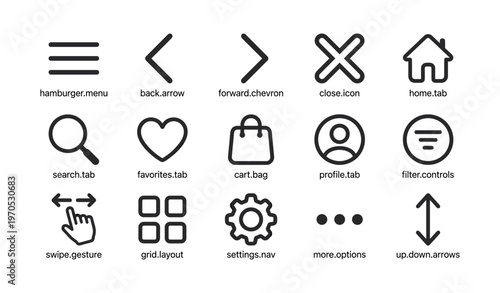 Minimalist icon set for mobile apps featuring navigation and user interface elements