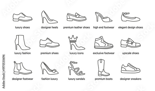 Luxury shoe collection icons: heels, sandals, boots, sneakers, loafers