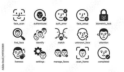 Facial recognition icons set on authentication and error detection
