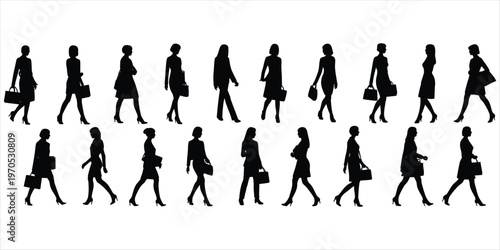 Silhouettes of businesswomen walking with briefcases on white background handbag