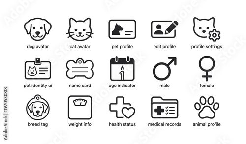 Animal profile icons set including dog and cat avatars with pet identity and health indicators