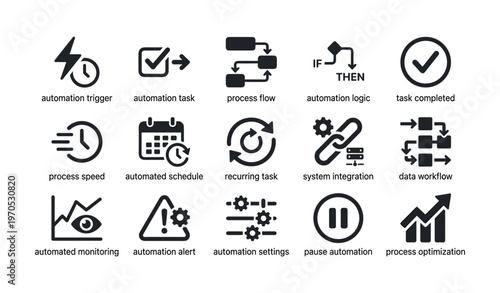 Automation icons collection representing process, task scheduling, and system integration solutions