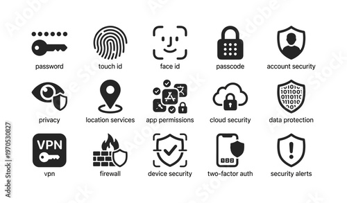 Icon set depicting digital security and privacy concepts