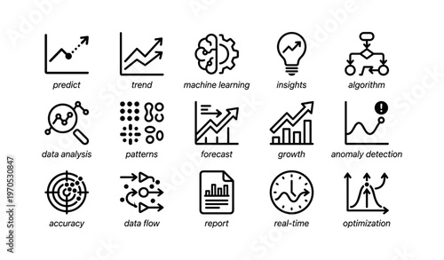 Data analysis icons illustrating trends, machine learning, algorithms, and insights