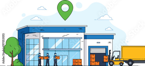 Warehouse Location and Shipping with Workers, Forklift, and Boxes, Ideal for Logistics, Distribution, and Inventory Management Designs