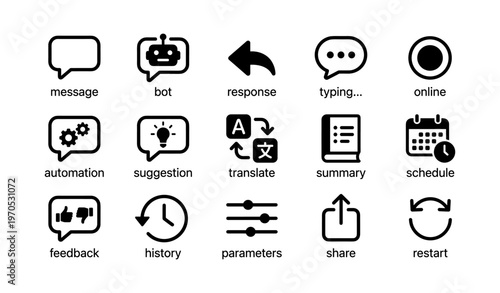 Communication icons: messaging, automation, translation, feedback, scheduling